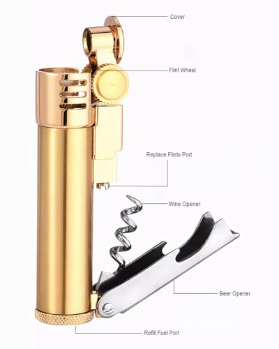 Wheel Kerosene Lighter Trench Vintage Multifunction Lighter Reusable Metal Creative Candle Lighter with Beer Opener and Wine Opener (Gold)