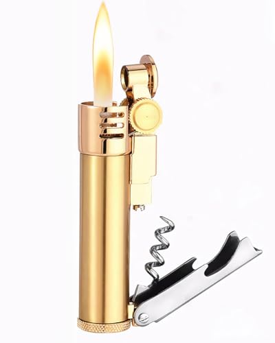 Wheel Kerosene Lighter Trench Vintage Multifunction Lighter Reusable Metal Creative Candle Lighter with Beer Opener and Wine Opener (Gold)