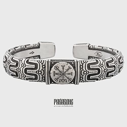 Viking Bracelet with Vegvisir - Adjustable Pewter Norse Arm Ring Triquetra - Scandinavian Nordic Mythology Strong Handmade Pagan Jewelry - Bracelet with Magical Stave Bangle Ring Cuff for Men Women