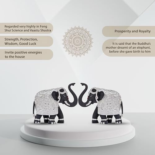 Pure Silver Coated Black Elephant Showpiece Set - Elephant Decorative Items for Home - Small Elephant Idols with Trunk Up for Good Luck & Vastu Benefits - 2 inch (1 Pair), Silver & Black