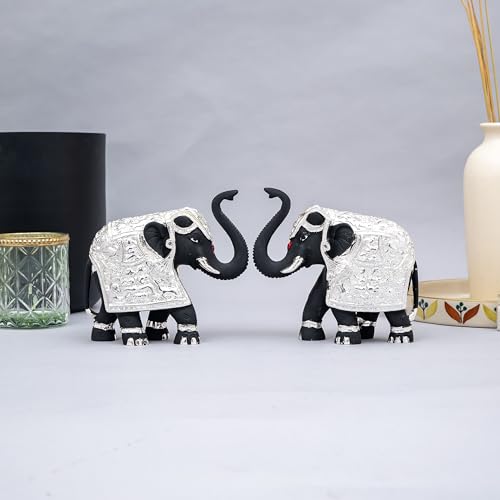 Pure Silver Coated Black Elephant Showpiece Set - Elephant Decorative Items for Home - Small Elephant Idols with Trunk Up for Good Luck & Vastu Benefits - 2 inch (1 Pair), Silver & Black