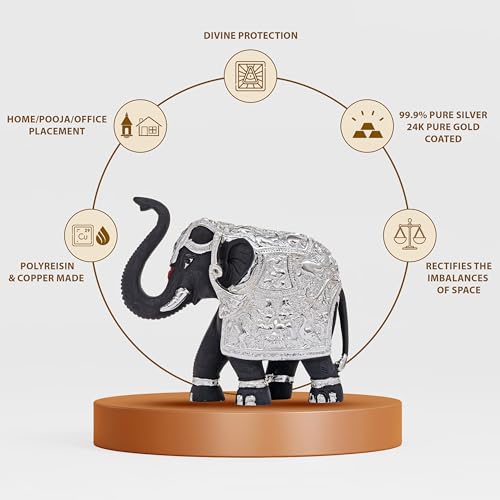 Pure Silver Coated Black Elephant Showpiece Set - Elephant Decorative Items for Home - Small Elephant Idols with Trunk Up for Good Luck & Vastu Benefits - 2 inch (1 Pair), Silver & Black