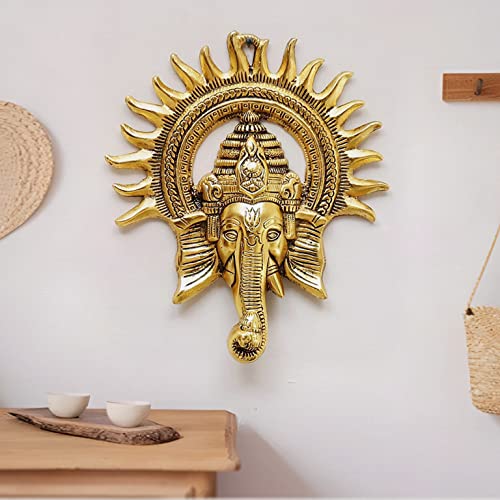 Metal Ganesha Ganpati Gajanan Wall Decor Hanging Statue Showpiece, Standard, Golden