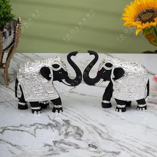 Pure Silver Coated Black Elephant Showpiece Set - Elephant Decorative Items for Home - Small Elephant Idols with Trunk Up for Good Luck & Vastu Benefits - 2 inch (1 Pair), Silver & Black