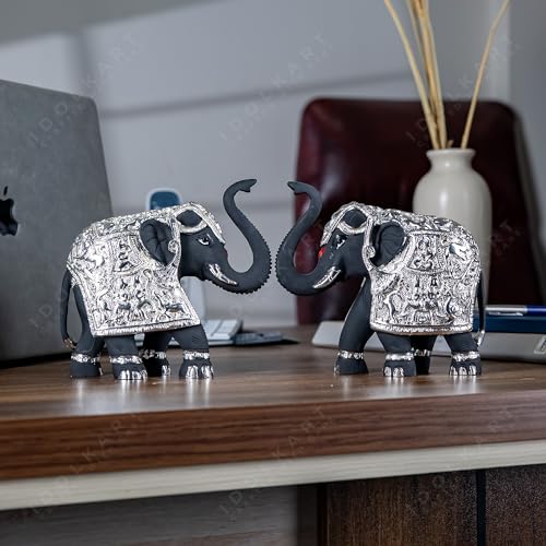 Pure Silver Coated Black Elephant Showpiece Set - Elephant Decorative Items for Home - Small Elephant Idols with Trunk Up for Good Luck & Vastu Benefits - 2 inch (1 Pair), Silver & Black