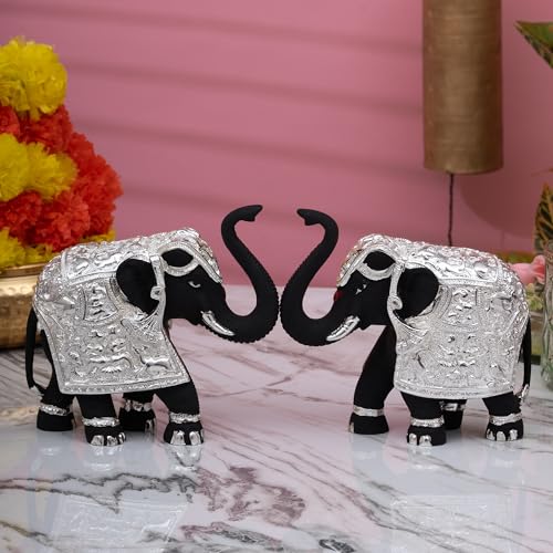 Pure Silver Coated Black Elephant Showpiece Set - Elephant Decorative Items for Home - Small Elephant Idols with Trunk Up for Good Luck & Vastu Benefits - 2 inch (1 Pair), Silver & Black